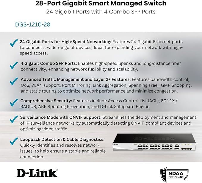 D-Link 28-Port Gigabit Smart Managed Switch | 24 GbE + 4 SFP Combo Ports | L2+ | VLANs | Cable Diagnostics | Web UI | Rackmount | Fanless | NDAA Compliant | Lifetime Warranty (DGS-1210-28)