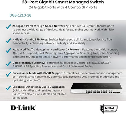 D-Link 28-Port Gigabit Smart Managed Switch | 24 GbE + 4 SFP Combo Ports | L2+ | VLANs | Cable Diagnostics | Web UI | Rackmount | Fanless | NDAA Compliant | Lifetime Warranty (DGS-1210-28)