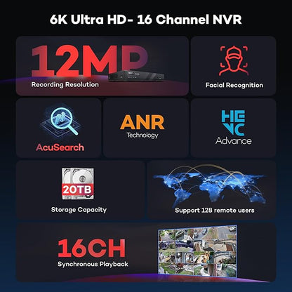 ONWOTE 6K 12MP 16 Channel PoE NVR, Smart AcuSearch, 16CH Video Audio Recorder (Built-in 16 PoE Ports), Only Work with ONWOTE 12MP/4K 8MP/6MP/5MP POE IP Cameras, Support 20TB (No Hard Drive Included)