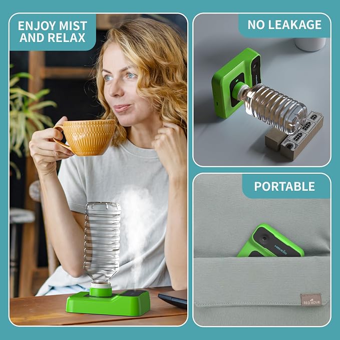 Travel Humidifier, Portable Humidifier for Plants, Bedroom, Office, Hotel or Car, Battery Operated Mini Cool Mist Humidifiers, Quiet 23dB, Auto-off, Night Light & BPA-Free, Grass-Green