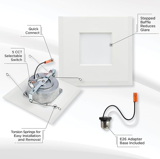 Satco LED Retrofit Downlight with Stepped Baffle, CCT Selectable 2700K/3000K/3500K/4000K/5000K, 5-6 Inch Square, White
