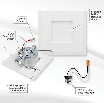 Satco LED Retrofit Downlight with Stepped Baffle, CCT Selectable 2700K/3000K/3500K/4000K/5000K, 5-6 Inch Square, White