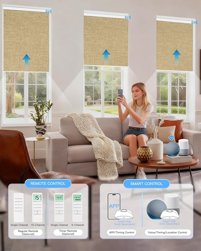 Tokblind Motorized Roller Shade with Remote Control, Blackout Electric Shade for Windows Compatible with Alexa Google via Hub, Rechargeable Smart Window Blind for Home Office (Fabric Dark Coffee)