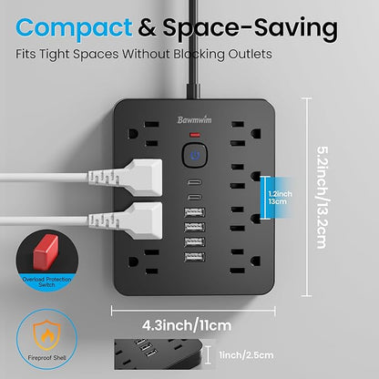 Surge Protector Power Strip, 8 Outlets(1850W/15A/14AWG), 6 USB Charging Ports(2 USB C), 10FT Flat Plug Extension Cord Outlet Extender with Overload Protection, ETL Certified for Office