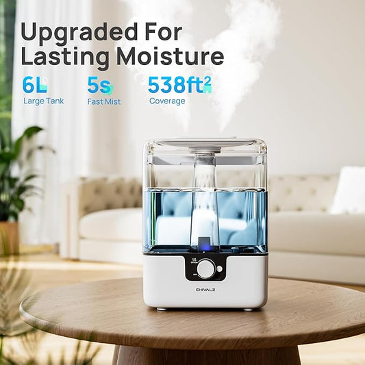 CHIVALZ Humidifiers for Bedroom Large Room, 6L Cool Mist Top Fill Humidifier with Essential Oil Diffuser, 26dB Quiet Ultrasonic Humidifier for Baby Nursery Plants, 50H Runtime Night Light 1 Pack White