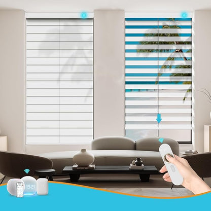Motorized Zebra Blinds with Remote, Work with HomeKit Alexa, Smart Light Filtering Horizontal Automatic Electric Window Shades for Home Office Customsize(55% Blackout White)