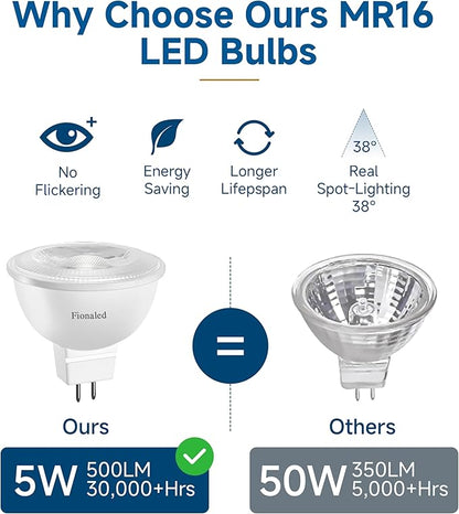 MR16 LED Bulbs, 50W Halogen Replacement, 2700K Warm White, Not Dimmable GU5.3 Bipin Base, 5W 12V Low Voltage Landscape Recessed Lighting Bulbs,10-Pack