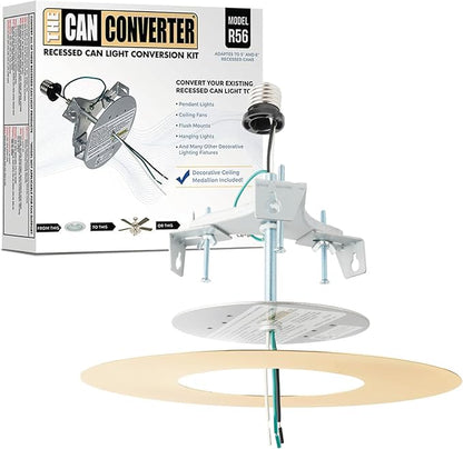 The Can Converter R56 Recessed Can Light Conversion Kit w/ 7"¾ Flat Ceiling Medallion - Home Improvement for 5" & 6" Cans, Converter Kit for Ceiling Fan & Light Fixture, UL Certified, Polished Brass