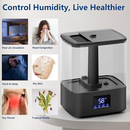 KZF Humidifier for Bedroom, 6L Ultrasonic Cool Mist Easy Clean 3 Adjust the Humidity, Suitable for Bedroom Study Room Kids Room Yoga Office, Quite and Smart Top Fill Design