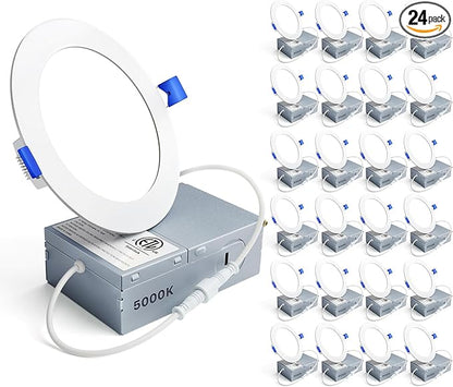 Ensenior 24 Pack 4 Inch LED Recessed Light, Dimmable, 5000K Daylight, 750LM High Brightness, 9W 120V, Damp Rated, Ultra-Thin Canless Wafer Ceiling Light - ETL & FCC & IC