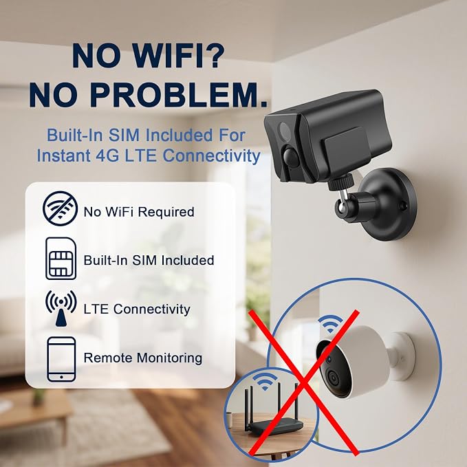 No WiFi Security Camera Indoor with 4G LTE Cellular SIM Card, 2K Live View