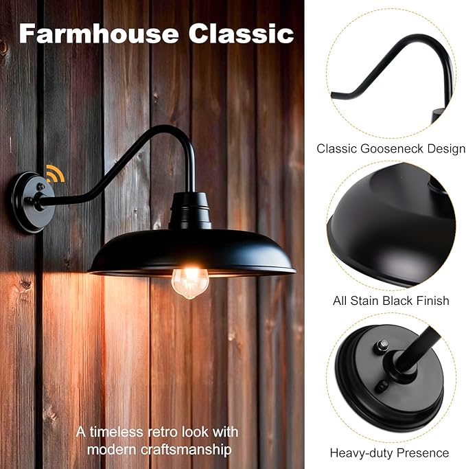 16 Inch Dusk to Dawn Gooseneck Barn Light, 2-Pack Extra Large Farmhouse Porch Lamps, Industrial Vintage Anti-Rust Stain Black Wall Mount Outdoor Fixture with Photocell for Exterior Courtyard Barn Shed
