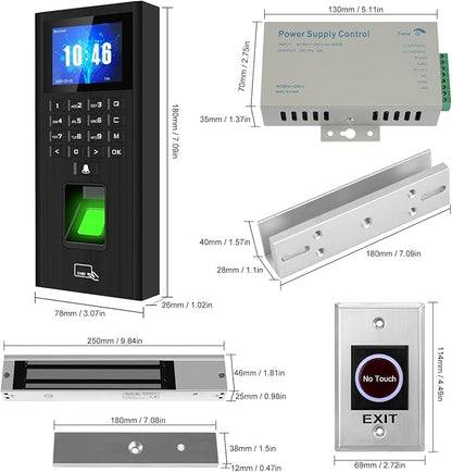 Complete Biometric Fingerprint Security Access Control System Kit, RFID T9 Keypad Door Lock,Time and Attendance System,Smart Remote Door Opener, 600lb Electromagnetic Lock + U-Clip,Doorbell