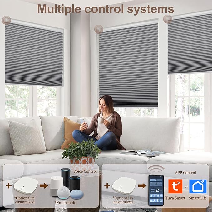 Godark Motorized Blackout Cellular Shades Compatible with Alexa/Google Home Electric Blinds Smart Honeycomb Shades for Windows Automatic Blinds with Remote Custom Size-Light Grey