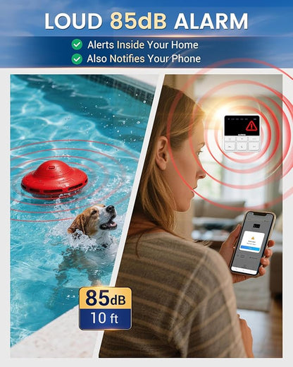 Smart Pool Alarm with App for Inground & Above Ground Pools, Adjustable Sensitivity Water Detection Alarm up to 20x40ft, 85dB+ Safety Alerts for Kids, Pets & Accidental Entry(Red)
