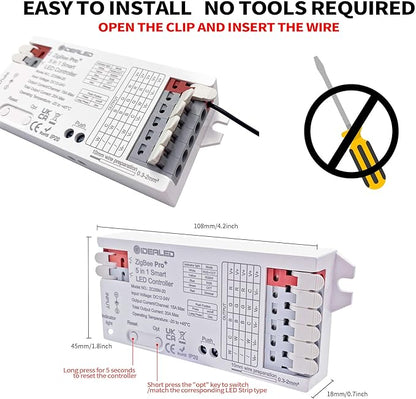 GIDEALED Smart ZigBee 3.0 LED Controller 5 in 1,Require ZigBee Hub Bridge for RGBWW RGBW RGB CCT COB LED Strip Light Dimmable 1%~100%,Support Hub APP/Alexa Echo Plus Voice Control Color Changing