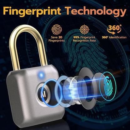 Pothunder Fingerprint Padlock, Smart Padlock, Locker Lock, Biometric Keyless Fingerprint Lock for Gym Locker, Toolbox, Locker, Door, Luggage, Backpack(Gray)