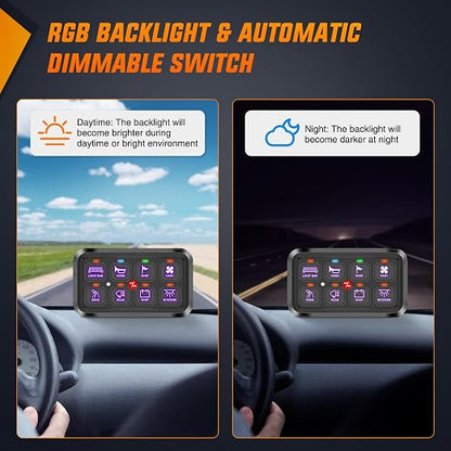 Nilight 8 Gang Switch Panel Relay System w/APP Control Automatic Dimmable | RGB Backlight Panel Circuit Control Fuse Wiring Harness ON Off LED Switches Pod for 12V 24V Cars Trucks Campers SUV