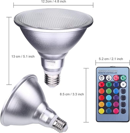 PAR38 LED Floodlight Bulb, 30W Color Changing Light Bulb, Remote Controlled RGB Landscape Light, Dimmable E27 Based Waterproof Lawn Lamp for Holiday Party Courtyard Decor (2pcs)