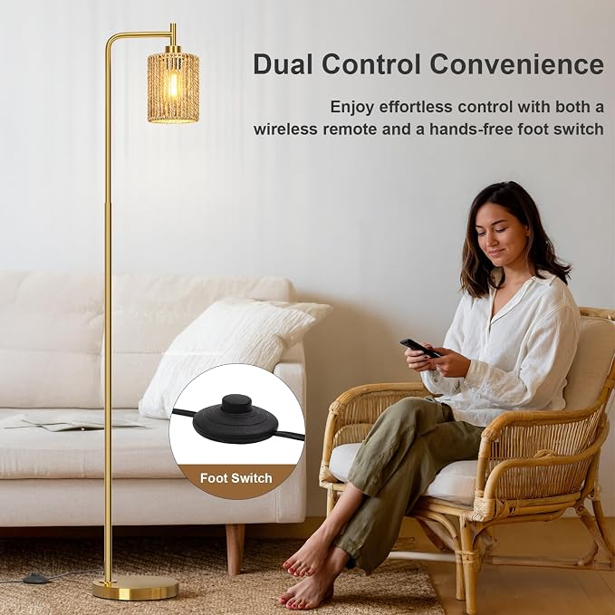 Oneach 66" Gold Floor Lamp for Living Room, Boho Floor Lamp with Remote Control and LED Bulb, Rattan Shade, Industrial Tall Farmhouse Standing Lamp for Bedroom, Dining Room, Study Room, Office