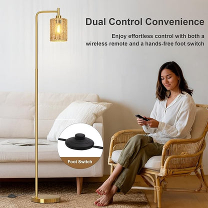 Oneach 66" Gold Floor Lamp for Living Room, Boho Floor Lamp with Remote Control and LED Bulb, Rattan Shade, Industrial Tall Farmhouse Standing Lamp for Bedroom, Dining Room, Study Room, Office