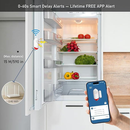 Smart WiFi Freezer Refrigerator Door/Window Alarm with Free Real-Time APP Alerts, 0-60s Delay, Scheduled Arm/Disarm, 0-120dB Adjustable Siren with Flashing Light for Fridge/Home/Store (1Pack)