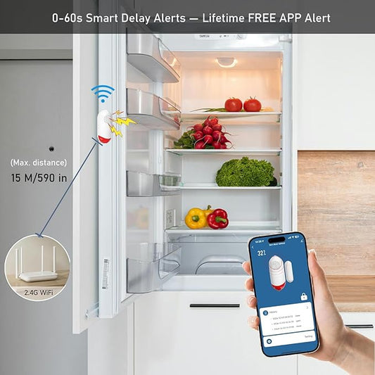 Smart WiFi Freezer Refrigerator Door/Window Alarm with Free Real-Time APP Alerts, 0-60s Delay, Scheduled Arm/Disarm, 0-120dB Adjustable Siren with Flashing Light for Fridge/Home/Store (1Pack)