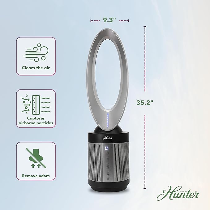 Hunter ExtremeAir Tower Bladeless Air Purifier. 2-in-1 Air Purifiers for Home & Bladeless Fan Combo. Bedroom Air Purifier Cooling Fan. Oscillating, 9 Speeds, Touch Control. Taupe.