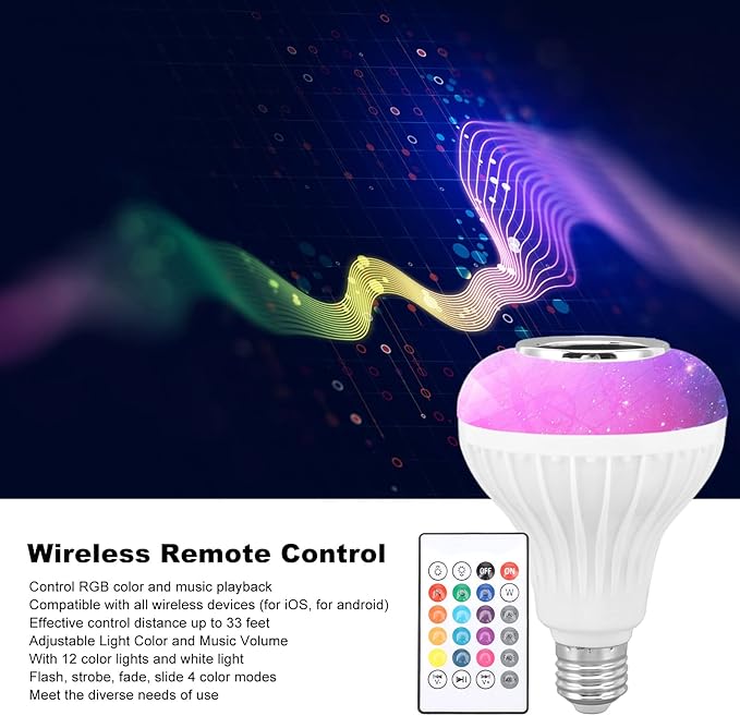 AYNEFY Music Bulb, Smart Music LED Bulb RGBW Color Changing LED Speaker Light E26 Base Remote Control with 12 Color Lights for Home Bar Bedroom Restaurant