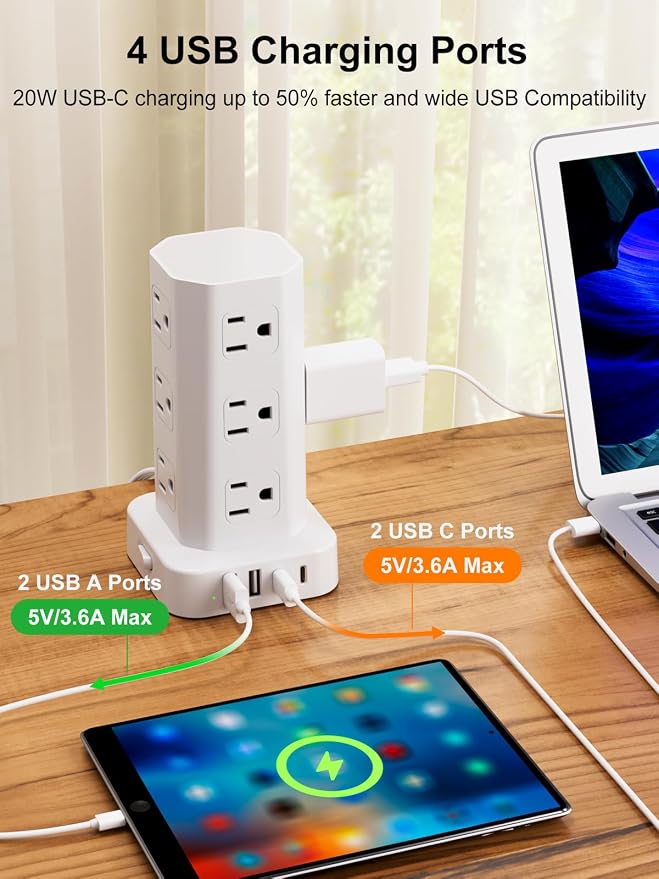 Power Strip Tower Surge Protector, 6FT Flat Plug Extension Cord with Multiple Outlets, 12 AC Outlets 4 USB (2 USB C), Desktop Charging Station with Surge Protection for Home Office Dorm Room, White