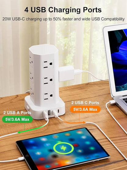 Power Strip Tower Surge Protector, 6FT Flat Plug Extension Cord with Multiple Outlets, 12 AC Outlets 4 USB (2 USB C), Desktop Charging Station with Surge Protection for Home Office Dorm Room, White