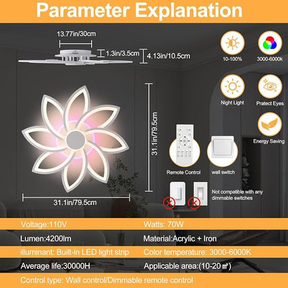 LED Ceiling Light Fixture,70W 8-Petal Flush Mount Ceiling Light | Dimmable LED Ceiling Light with Remote, 3000K-6000K, 4200LM RGB Ambient Backlight, Modern Fixture for Bedroom Living Room