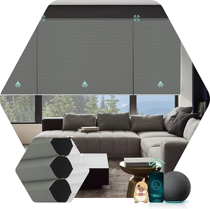 Yoolax Motorized Cellular Shades Compatible with Alexa, Blackout Motorized Blinds with Remote Smart Honeycomb Shades for Indoor Windows, Automatic Blinds Custom Size (Blackout Dark Grey)