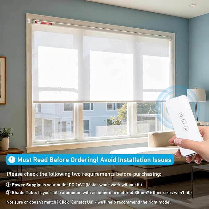 DIY 24V DC Tubular Roller Blind Motor Kit, EY2524 1.5N·m Smart Shade Motor with Remote Control, ONLY for 1‑1/2" (38mm) Shade Tubes, Requires External 24V Power Adapter, Not Rechargeable