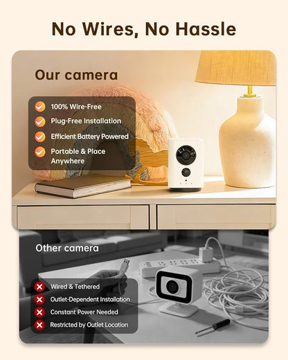 ELYSOO Wireless Indoor Camera: Battery Powered Pet/Dog Camera with Phone App, 360° Pan/Tilt, Smart Detection, No Wiring Needed, 2K Live Video, Night Vision, Portable Security Camera for Home/Pet/Baby