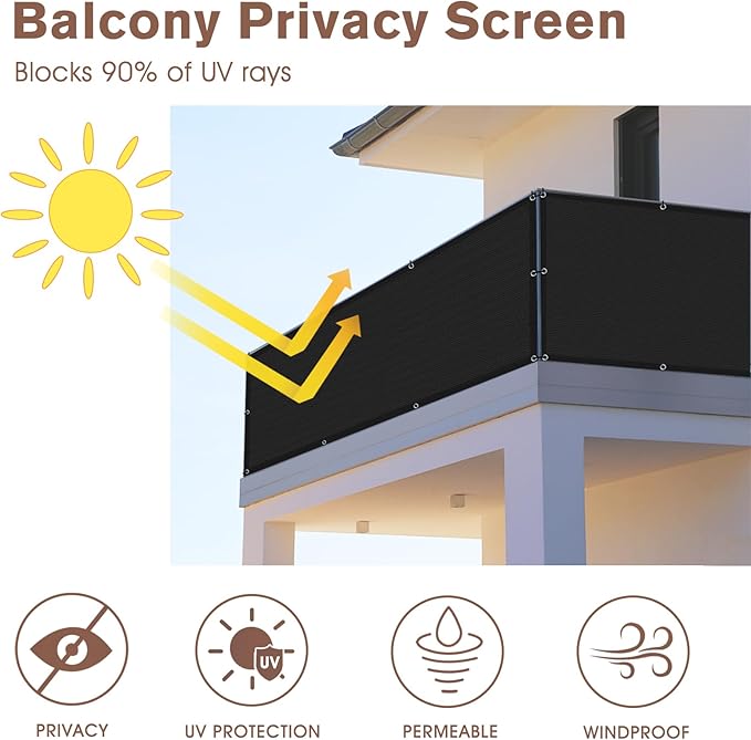 Sunny Guard Customized 3'x14' Black Balcony Privacy Screen,90% Shade Apartments Fence Cover,Heavy Duty Mesh Windscreen for Deck,Outdoor,Backyard,Patio