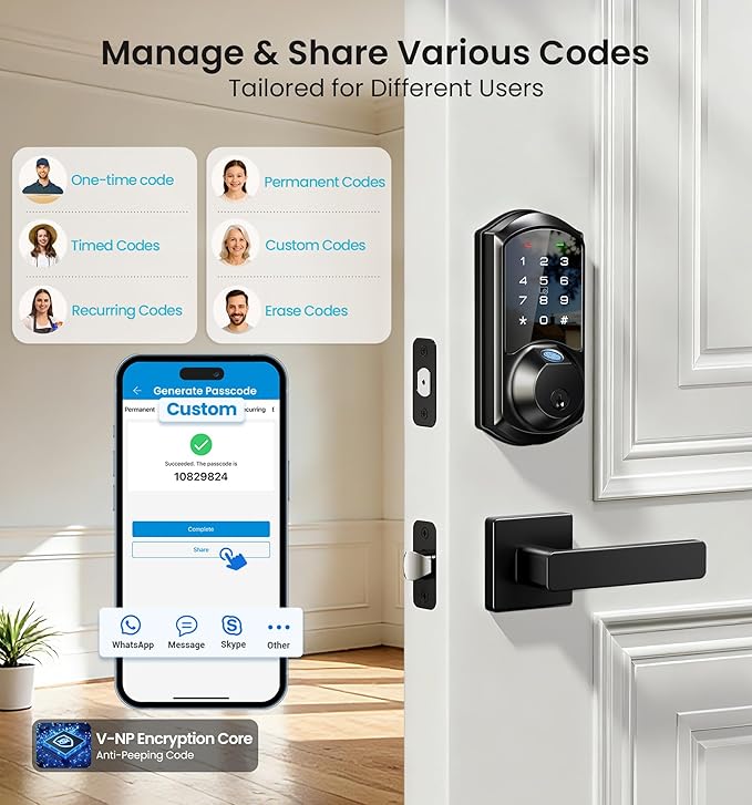 Veise VE07-L Fingerprint App Control Smart Locks with Heavy-Duty Zinc Alloy Handles, Keyless Entry for Front Door, Digital Electronic Touchscreen, Auto Lock, Waterproof, Easy Install, Matte Black