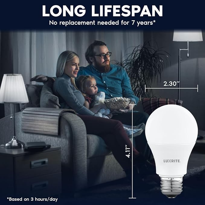 LUXRITE A19 LED Light Bulb 60 Watt Equivalent, Non-Dimmable, 5000K Bright White, 800LM, Standard LED Light Bulbs 8W, E26 Base, Enclosed Fixture Rated, Damp Rated, ETL Listed (16 Pack)
