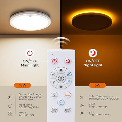 Annaror Motion Sensor Ceiling Light with Remote, Night Light 2000K, 8.7 Inch Wired Flush Mount 3000K/4000K/5000K Selectable, 1800LM Dimmable Motion Sensor Light Indoor for Closet Hallway Stairs White
