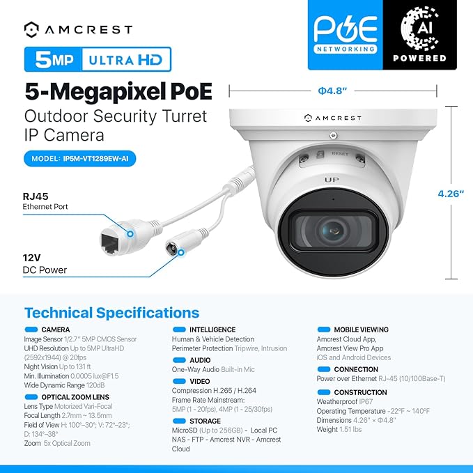 Amcrest 5MP Optical Zoom AI IP PoE Camera, Varifocal Outdoor IP POE Camera Turret, Human & Vehicle Detection, 2.7mm~13.5mm Lens, IP67, 5X Optical Zoom, (IP5M-VT1289EW-AI)