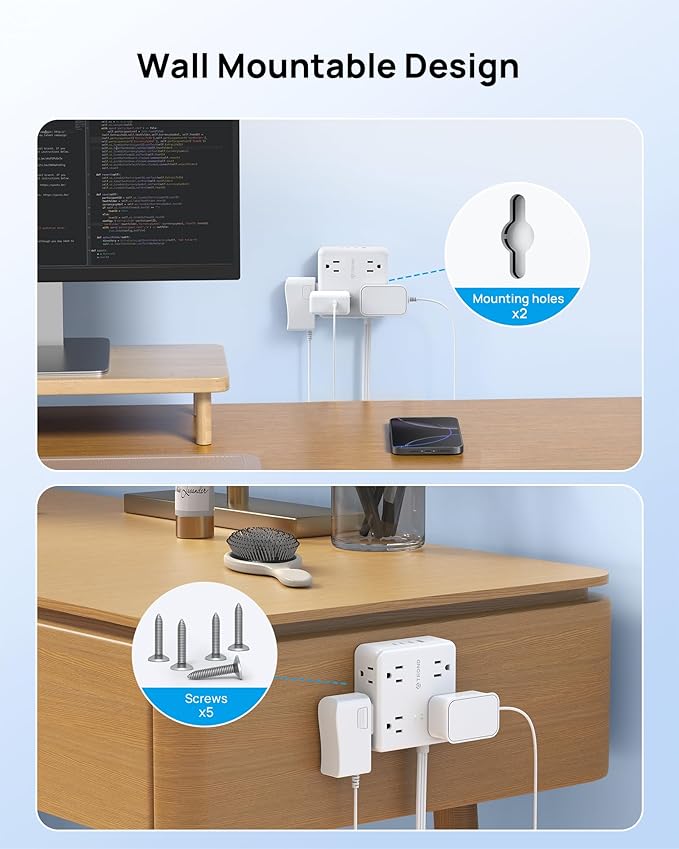 TROND Power Strip, 360° Rotating Flat Plug, 8 Widely Spaced Outlets, 3C1U, Flat Plug Extension Cord 5ft, 1440J Surge Protector for Home Office, White