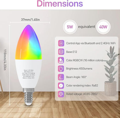 ORALUCE Smart Light Bulb Compatible with Alexa & Google Home, C37 E12 LED Light Bulb 40W Equivalent, 2.4GHz WiFi & Bluetooth Color Changing APP Dimmable, Multicolor LED Bulb 450 Lumens,2P
