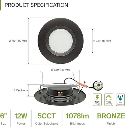 ASD Bronze Retrofit LED Recessed Lighting 6 Inch - 12W 2700K-5000K 1078LM Can Lights for Ceiling 6 Inch, Dimmable Bronze Recessed Lights, Baffle Trim Wet Rated Wafer Lights, ETL, Energy Star