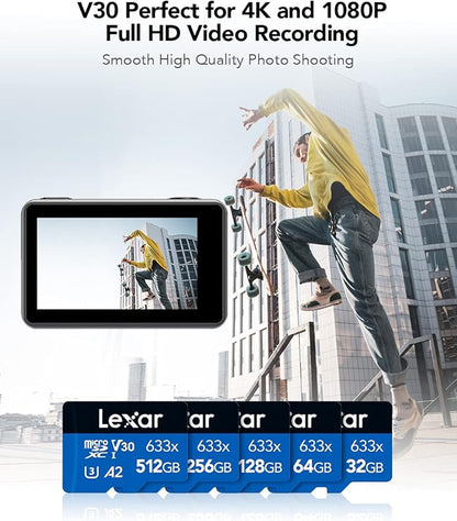 Lexar High-Performance 633x 64GB microSDXC UHS-I Card w/ SD Adapter, C10, U3, V30, A1, Full-HD & 4K Video, Up To 100MB/s Read, for Smartphones, Tablets, and Action Cameras (LSDMI64GBBNL633A)