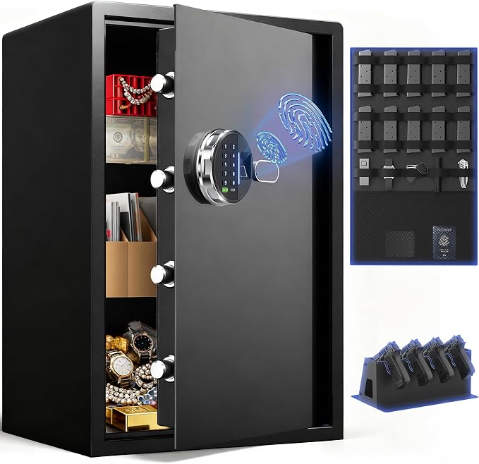 Grimtron 48LB Biometric 4 Pistols Safe with Fingerprint Lock, 3-8 Digit PIN | 2-in-1 Storage for 4 Pistols & Valuables, 3.46 Cu Ft Capacity, 30 Fingerprints, All-Metal Knob, Silent Mode & Type-C Power