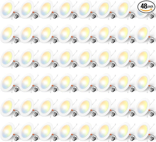 Amico Recessed Lighting 5/6 Inch, 48 Pack 5CCT Flat LED Can Lights, 2700K/3000K/4000K/5000K/6000K Selectable,12W Eqv 120W, 1050LM Brightness, Retrofit Installation - ETL & FCC