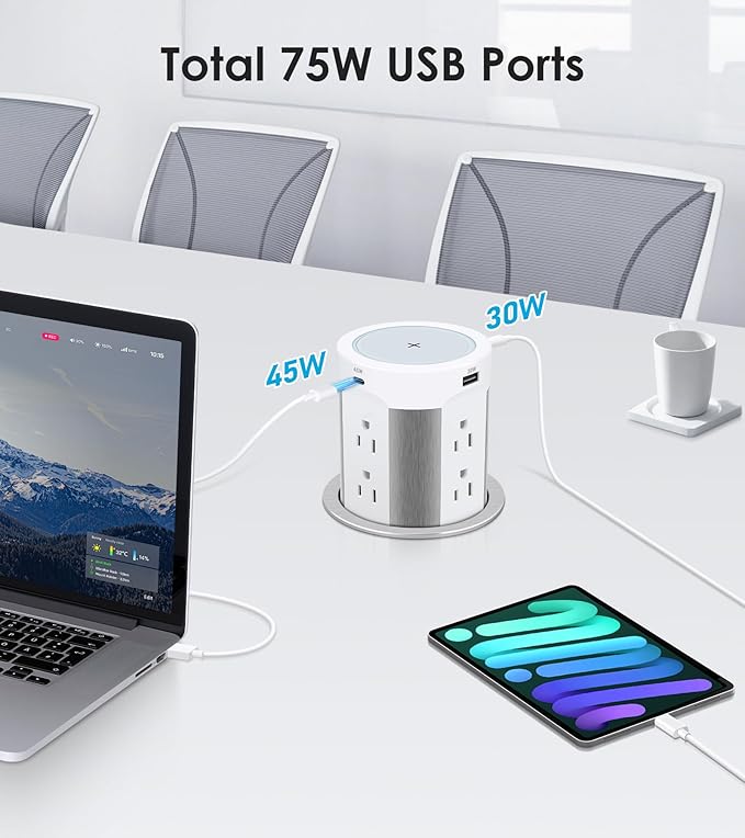 Pop Up Outlet for Countertop, 15W Wireless Charger PD 45W, 2 USB-A & 2 USB-C & 8AC Outlets 15A Tamper Resistant, 4-inch Island Kitchen Pop Out