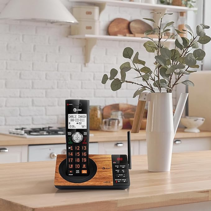 AT&T CL82167 Cordless Phone with Answering Machine, Call Blocking, Caller ID Announcer, Intercom and Long Range, Black & Wood Grain Finish