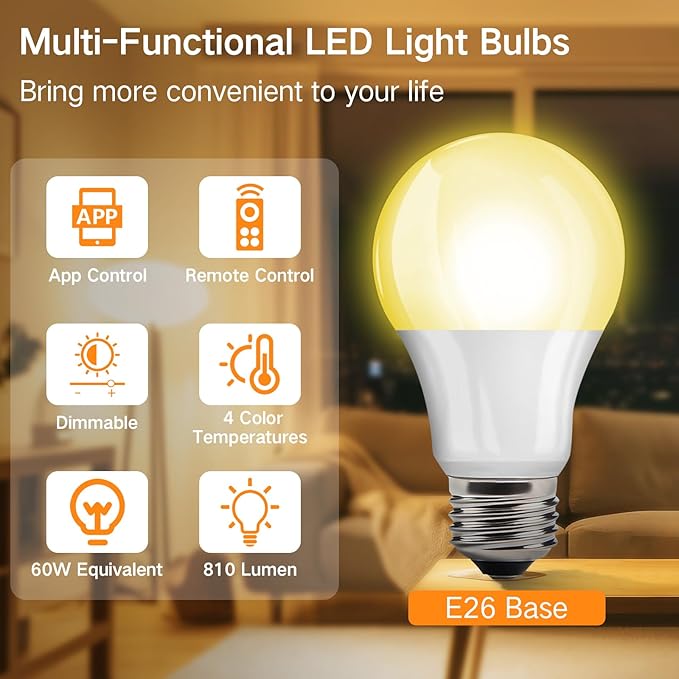 OUTON 2 Pack A19 LED Light Bulb with Remote Control, Efficient 9W LED Bulb (60Watt Equivalent), 810 LM, Dimmable, 3000K-6000K, E26 Base, LED Bulb with Timer for Living Room, Bedroom, 2 Bulb & 1 Remote