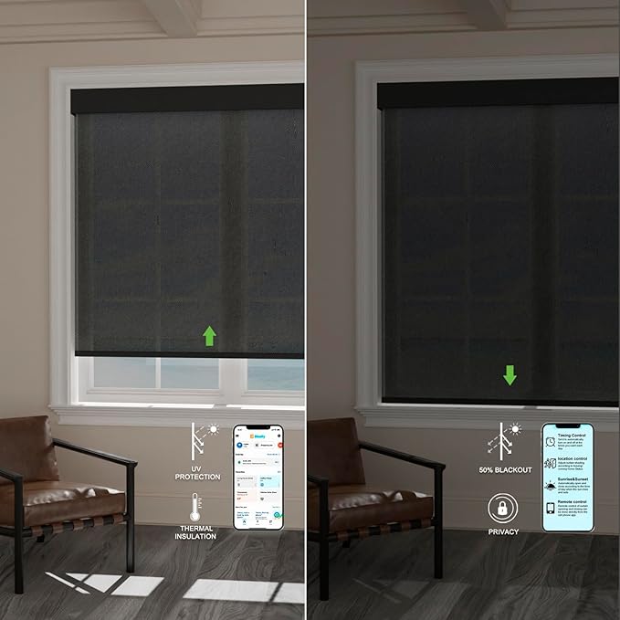 Motorized Blinds with Remote [Light Filtering] Smart Blinds Compatible with Alexa Google HomeKit, 80% Blackout Automatic Roller Shades for Indoor Windows, Customized Size, Mesh Haze